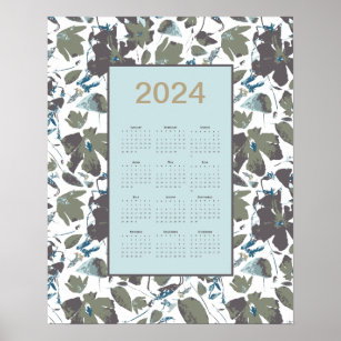 2024 Calendar Green Blue Clematis Floral Poster
