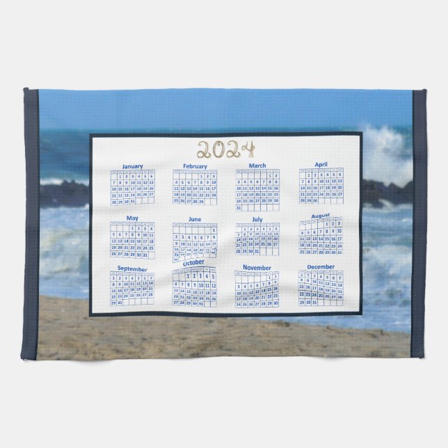 2024 Calendar Ocean Waves Beach Rocks Foto Geschirrtuch (Horizontal)