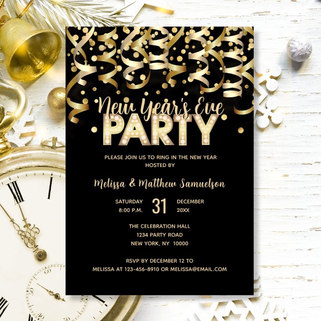 2024 EVE PARTY Gold Glitzer Black Einladung (2024 NEW YEAR'S EVE PARTY Gold Glitter Black Invitation)