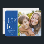 2024 FAMILY PHOTO elegant type modern JOYFUL blue Feiertagskarte<br><div class="desc">by kat massard >>> WWW.SIMPLYSWEETPAPERIE.COM <<< An elegant card design featuring the quote "JOYFUL" with combined elegant script type with serif typography,  and plain colour on the backside,  giving you the opportunity to handwrite a personal message. With trendy edged square shaped photo on the front for your favourite photo!</div>