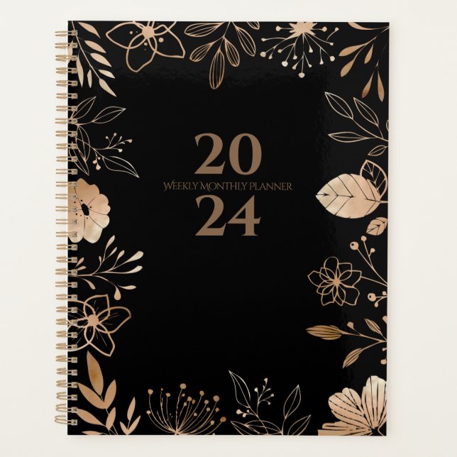 2024 Floral Gold & Black Planner Planer (Vorderseite)