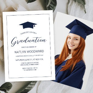 2024 Foto Navy Blue Cap Moderne Graduation Party Einladung