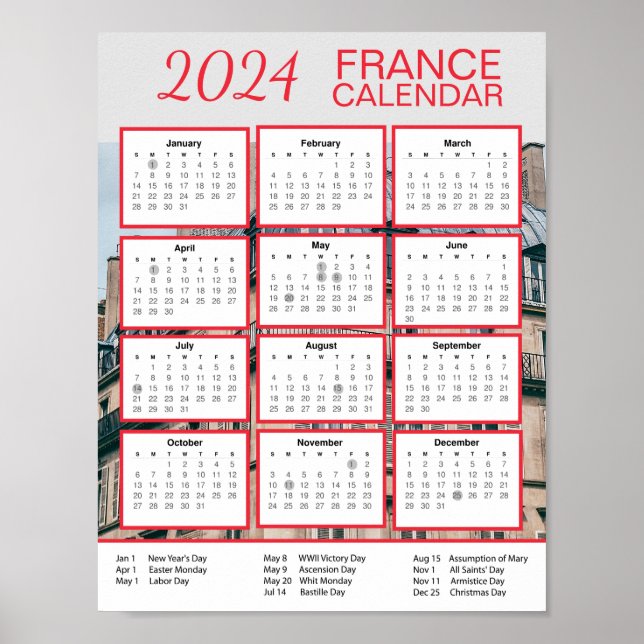 2024 Frankreich Kalender in Englisch Download PDF  Poster (Vorne)