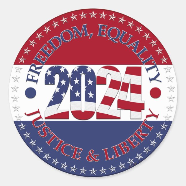 2024 Freedom, Equality, Justice Liberty USA Flag Runder Aufkleber (Vorderseite)