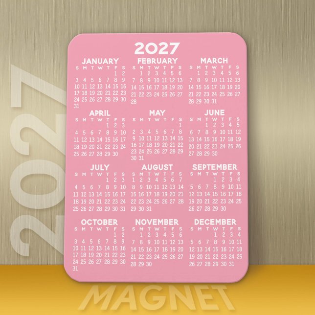 2024 Full Year View Calendar - Basic Pink Minimum Magnet (Modern 2027 Calendar Magnet)