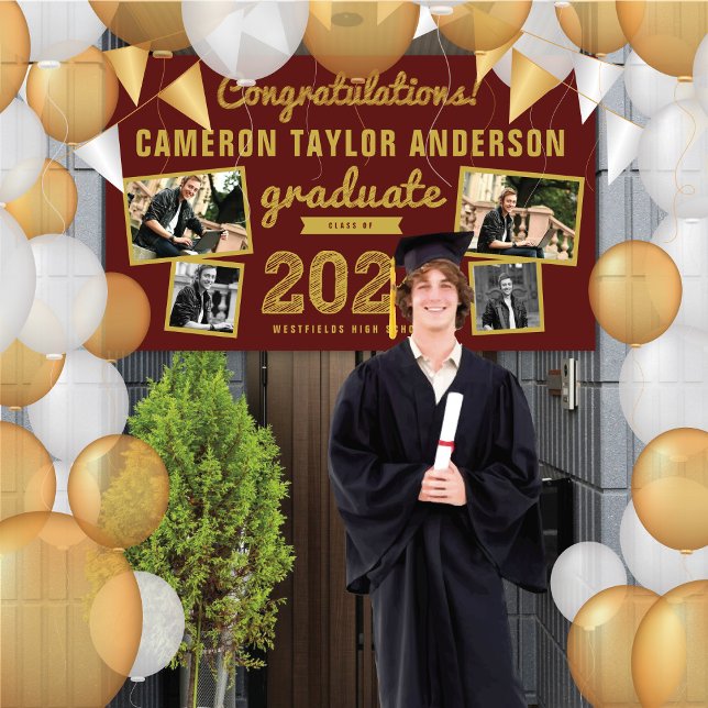 2024 Graduate Bold Sketch 4 Foto Graduation Party Banner (2024 Burgundy Red & Gold Sketch, 4 Photo Graduation Party Banner @ www.zazzle.com/color_therapy)