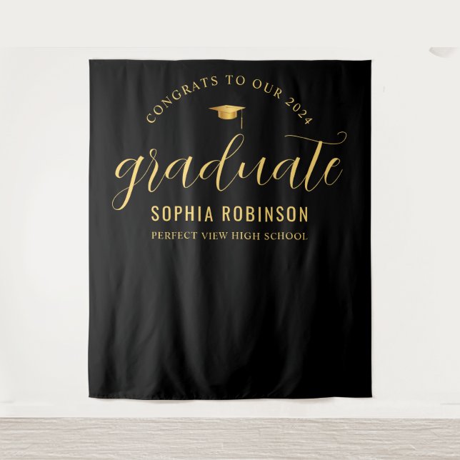 2024 Graduate Gold Black Graduation Party Wandteppich (Vorderseite)