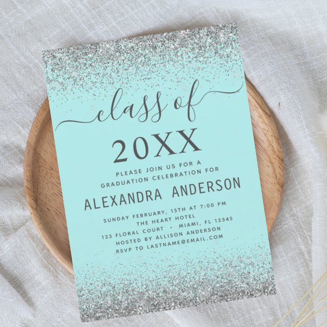 2024 Graduationsparty Aquamarin Aqua Blue Silver Einladung (Von Creator hochgeladen)