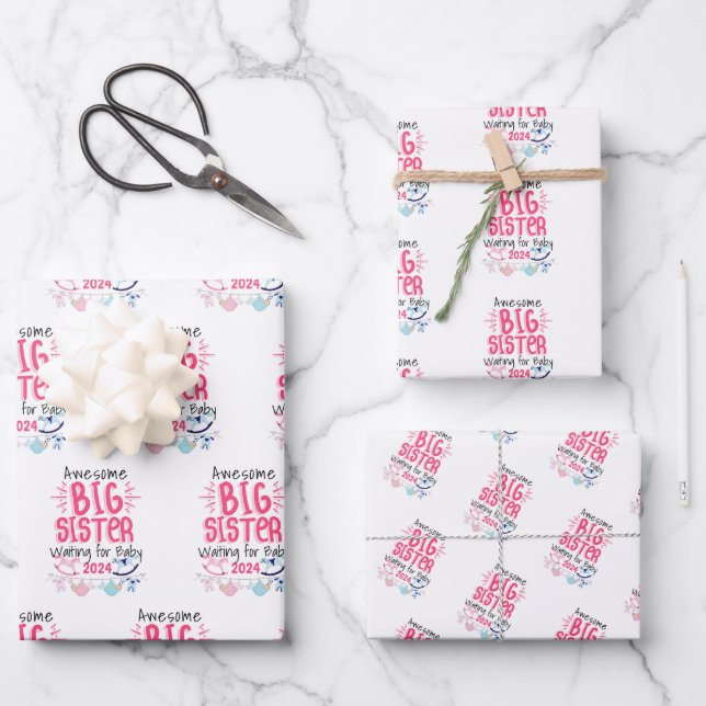 2024 Große Schwester Gewartet für Neues Baby Gesch Geschenkpapier Set (Vorderseite)