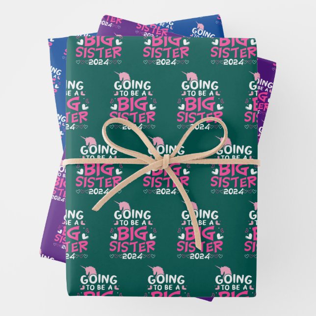2024 Große Schwester Unicorn Herz Geschenkpapier Set (Beispiel)