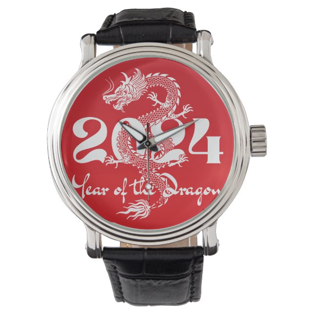 2024 Jahr des Drachen rot weiß Armbanduhr (Vorderseite)