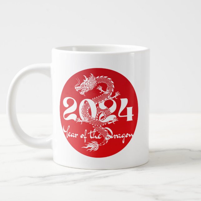 2024 Jahr des Drachen rot weiß Jumbo-Tasse (Links)