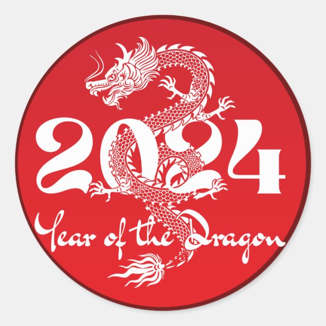 2024 Jahr des Drachen rot weiß Runder Aufkleber (Vorderseite)