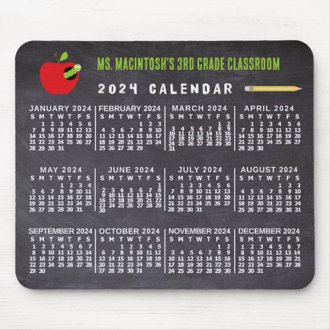 2024-Jahr-Kalender Schulkalender Name des Lehrers Mousepad (Vorne)