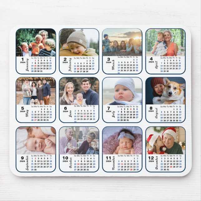 2024 Kalender 12 Familienfoto Collage US Holidays Mousepad (Vorne)