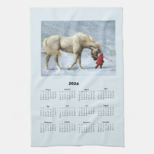 2024 Kalender eines Pferdes und Mädchen im Winter  Geschirrtuch