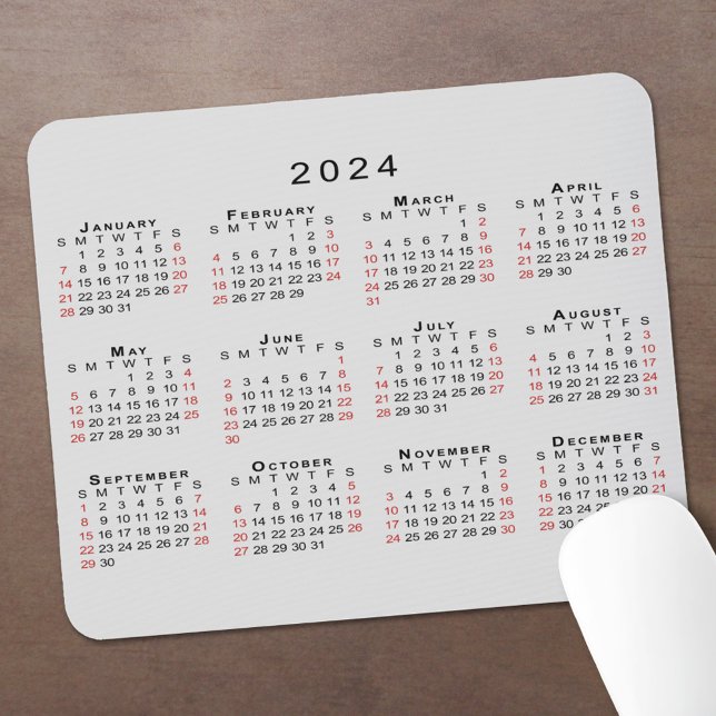 2024 Kalender Einfach grau schwarz Mousepad (2024 Calendar Mouse Pad with Black and Red Dates In Situ)