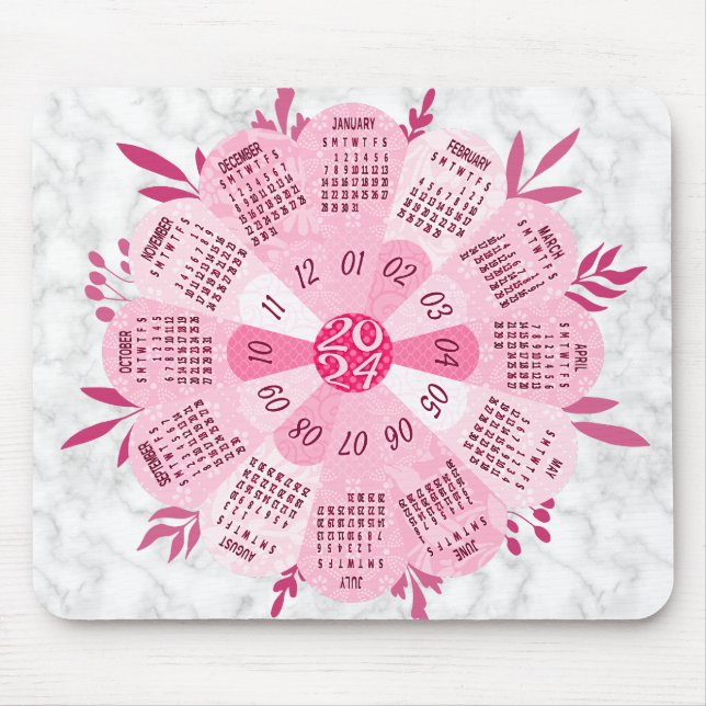 2024 Kalender Einzigartige Hübsche rosa Blume rund Mousepad (Vorne)