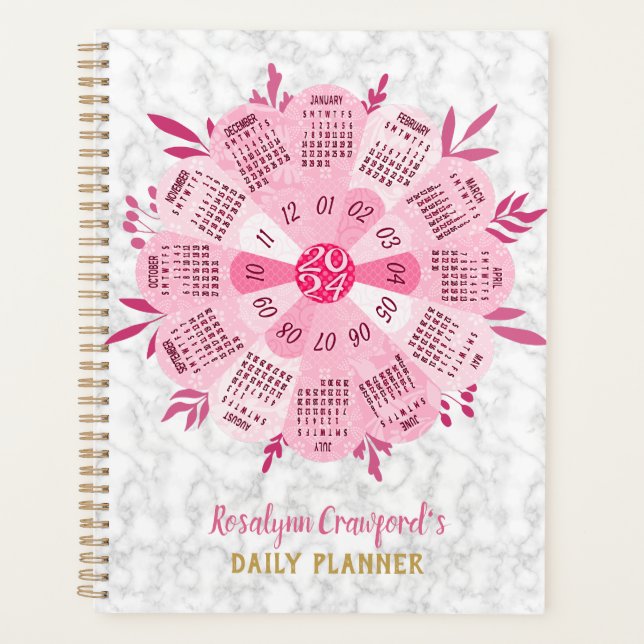 2024 Kalender Einzigartiger Boho Pink Blume Indivi Planer (Vorderseite)