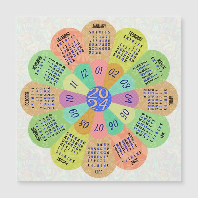 2024 Kalender Einzigartiges Boho Retro Blume Magne Magnetkarte (Vorderseite)