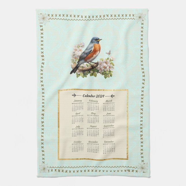 2024 Kalender Handtuch Robin Bird Aqua Damask (Vertikal)