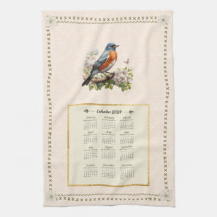 2024 Kalender Handtuch Robin Bird Peach Damask