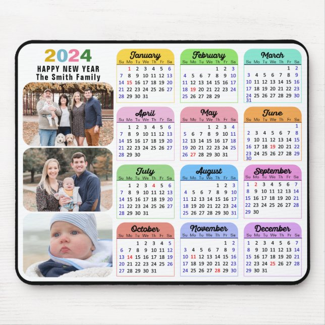 2024 Kalender Minimalistischen 3 Familie Foto farb Mousepad (Vorne)