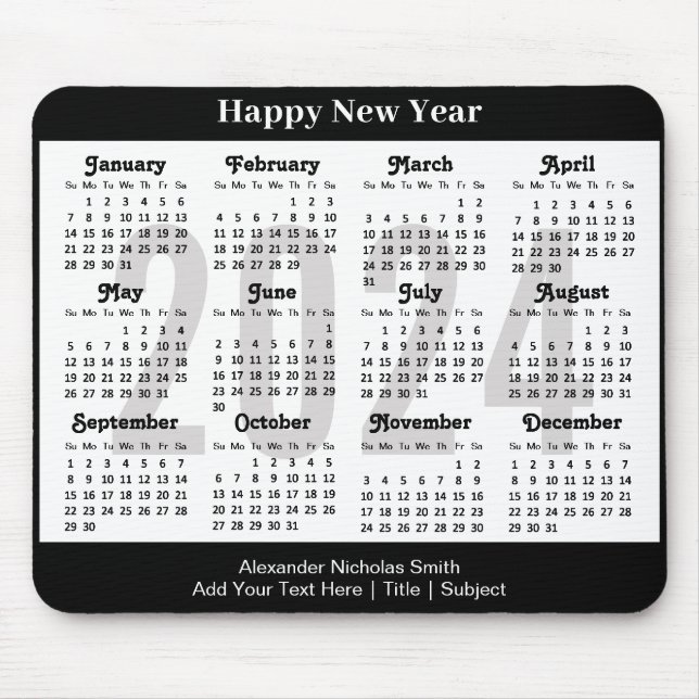 2024 Kalender Minimalistischer Schwarz-weißer benu Mousepad (Vorne)
