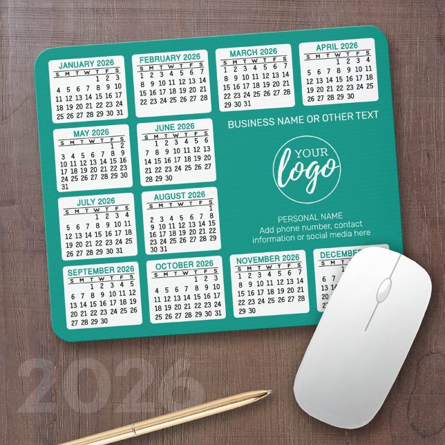 2024 Kalender mit Logo, Kontaktinformationen Blau Mousepad (2026 Calendar with your logo or photos - Great Business Gift or Home Office Decor)