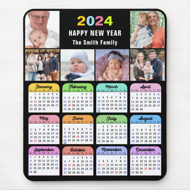 2024 Kalender Modern Black 6 Family Foto Collage Mousepad (Vorne)