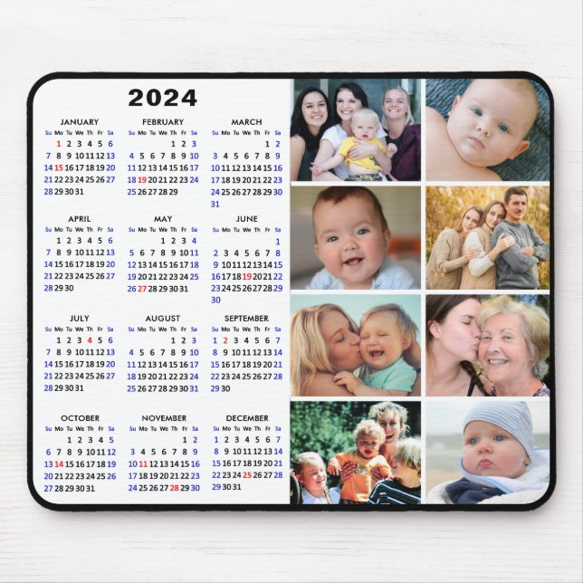 2024 Kalender Modern Black 8 Family Foto Collage Mousepad (Vorne)