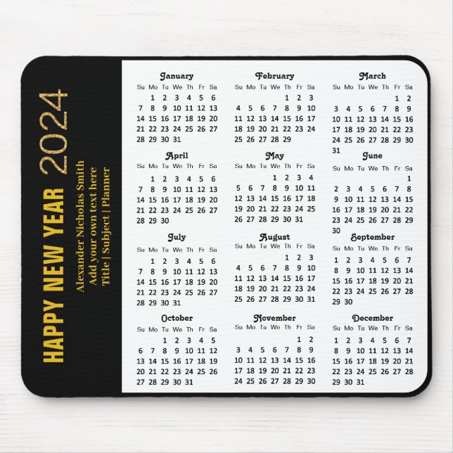 2024 Kalender Modern Gold Script Black Minimalisti Mousepad (Vorne)