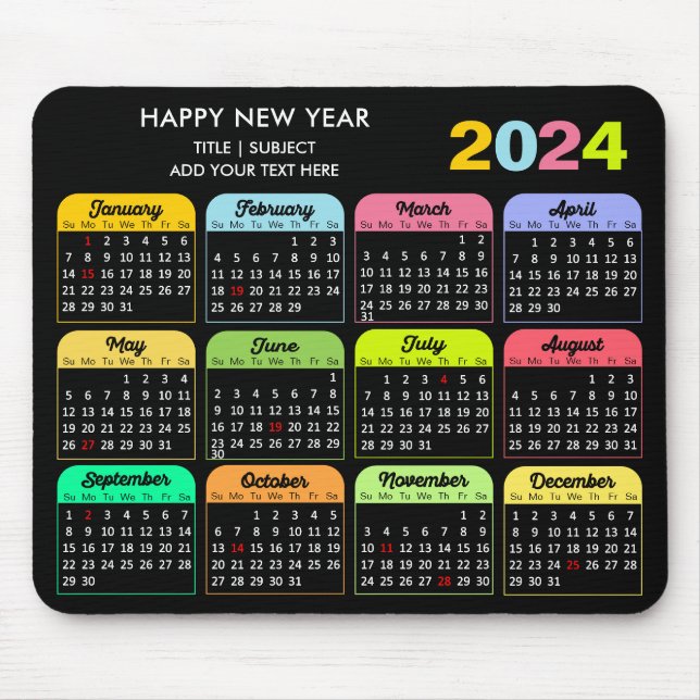 2024 Kalender Moderner Schwarzer, benutzerdefinier Mousepad (Vorne)