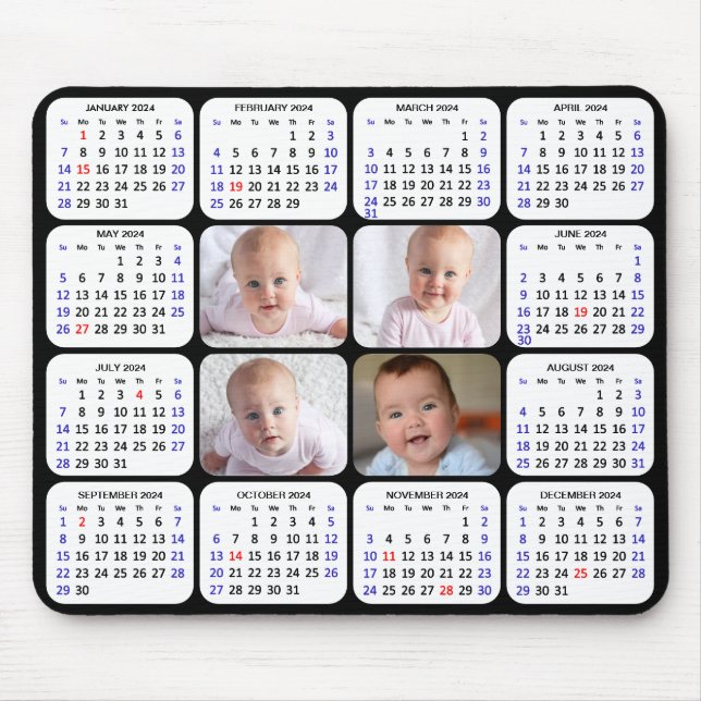 2024 Kalender Modernes Black 4 Family Foto Einfach Mousepad (Vorne)