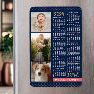2024 Kalender Navy Koral Gold Familie Foto Collage Magnet
