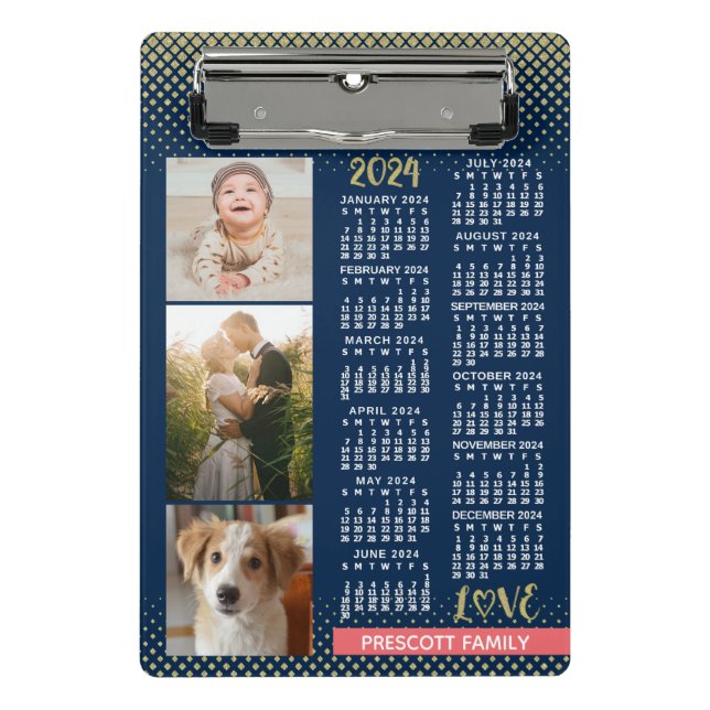 2024 Kalender Navy Koral Gold Familie Foto Collage Mini Klemmbrett (Vorderseite)
