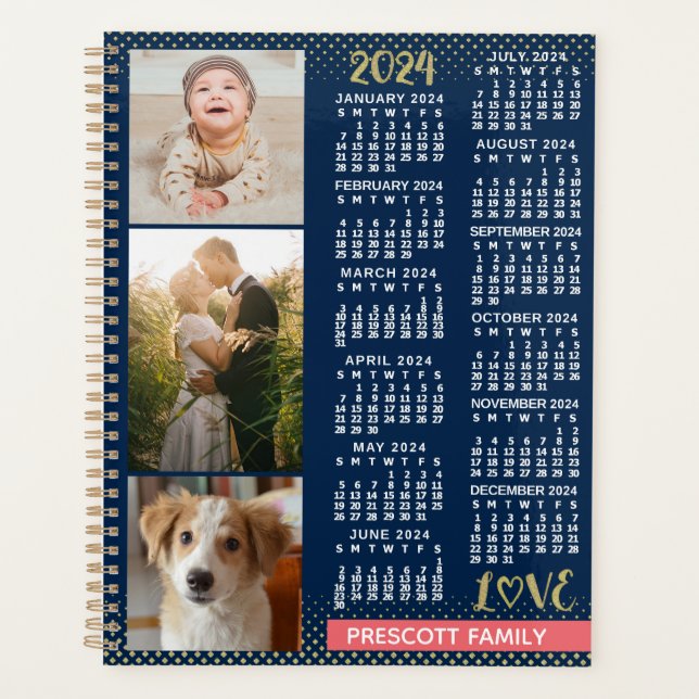 2024 Kalender Navy Koral Gold Familie Foto Collage Planer (Vorderseite)