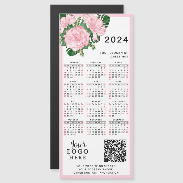 2024 Kalender - QR-Code für das Rosa, weiße Blume  Magnetkarte (Vorne/Hinten)