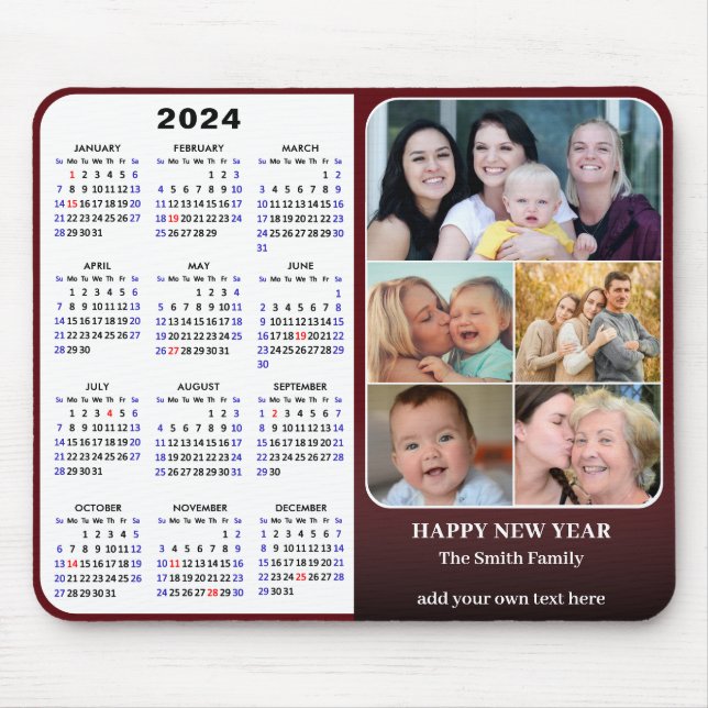 2024 Kalender Rote Familie Foto Collage US Urlaub Mousepad (Vorne)