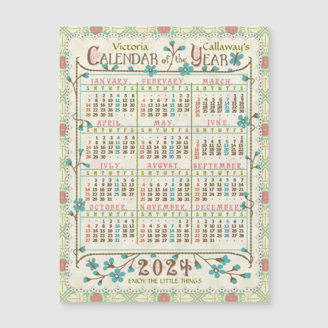 2024 Kalender Viktorianisch Jugendstil Kleines Mag Magnetkarte (Vorderseite)