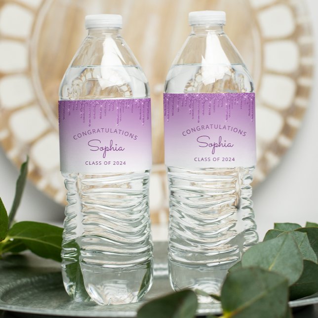 2024 Lila Tropfen Graduation Party Wasserflaschenetikett (Von Creator hochgeladen)
