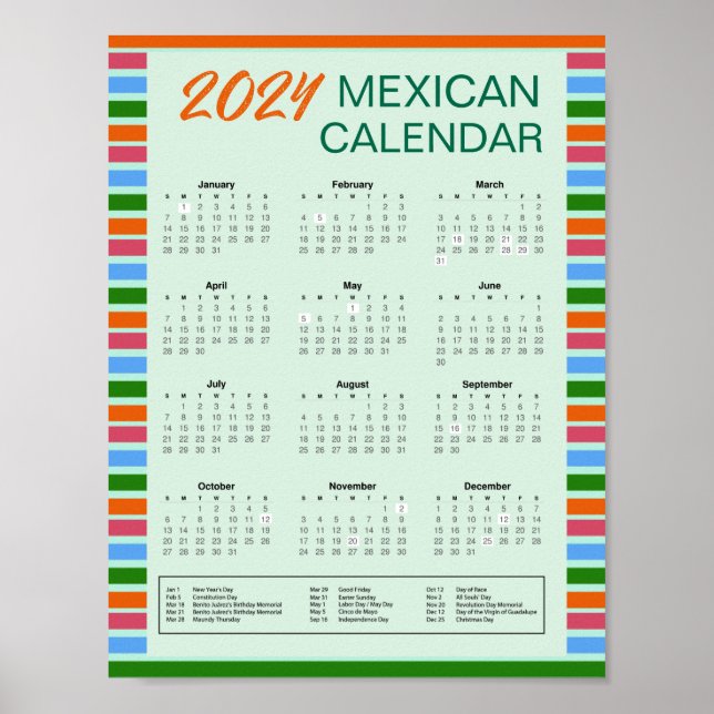 2024 Mexican Calendar with Holidays | PDF herunter Poster (Vorne)