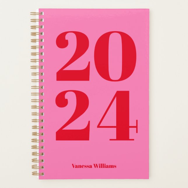 2024 Modernes, fett rotes - rosa Typografie-Planer Planer (Vorderseite)
