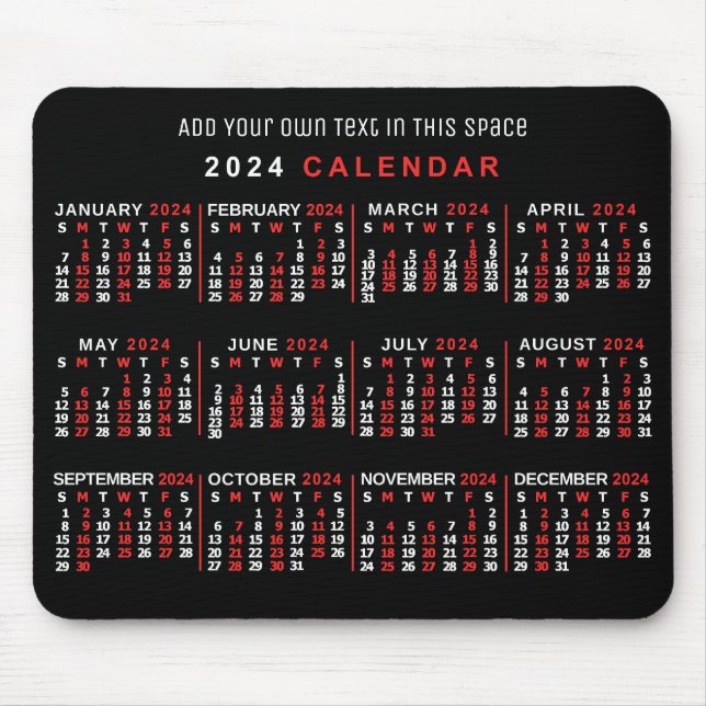 2024 Monatlicher Kalender Custom Black Red White Mousepad (Vorne)