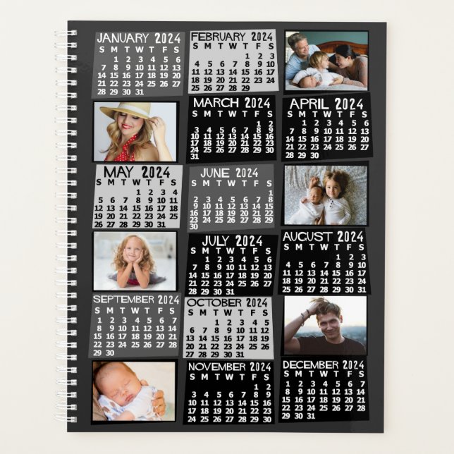 2024 Monatskalender 12 FotoCollage Black Planer (Vorderseite)