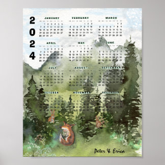 2024 Monatskalender Aquarellwald-Poster Poster