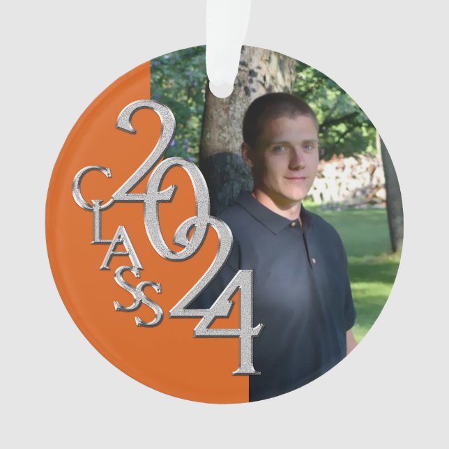 2024 Orange and Silver Abschluss Foto Ornament (Vorderseite)