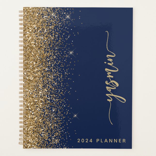 2024 Personalisiert Navy Blue Gold Glitzer Planer (Vorderseite)