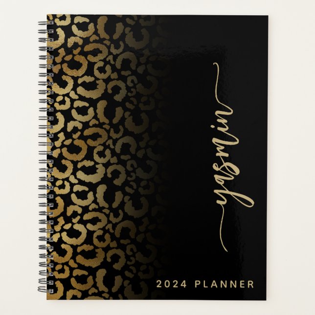 2024 Personalisierte Black Gold Leopard Spots Planer (Vorderseite)