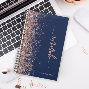 2024 Personalisierte Navy Blau Roségold Glitter Planer